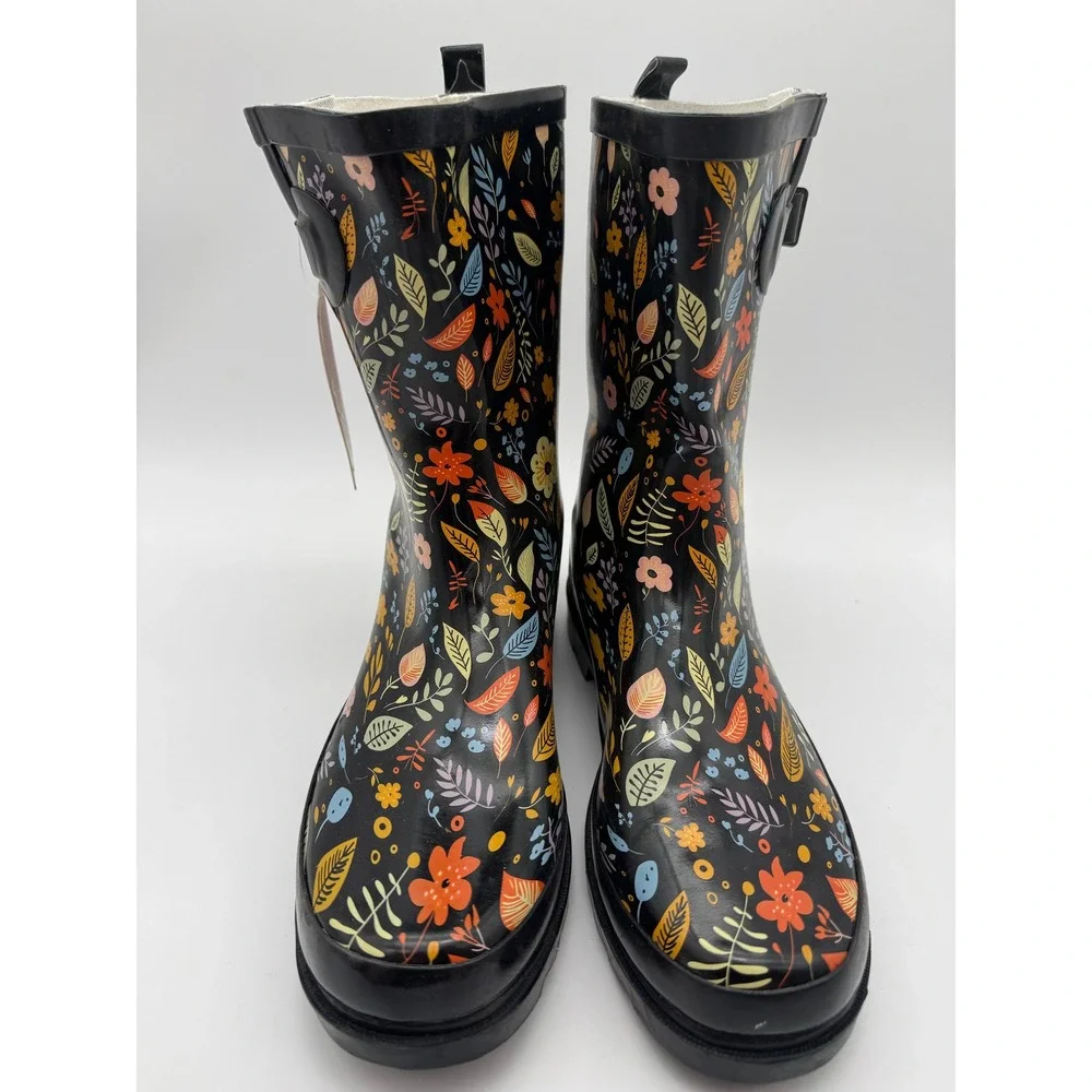 Womens Rain Boots Floral Print Black Waterproof Mid Calf Size 10‎